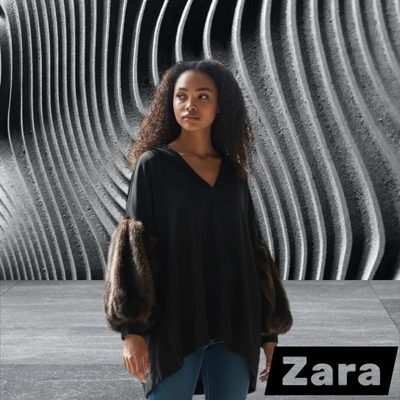 Vintage style Zara Black V-Neck Tunic with Faux-Fur Brown Balloon Sleeves - Picture 6 of 12